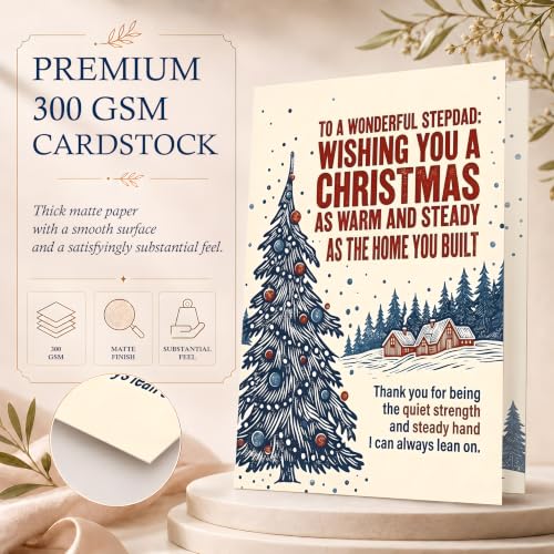 Christmas Gift Card for Stepdad - Winter Cabin Holiday Note Card with Envelope