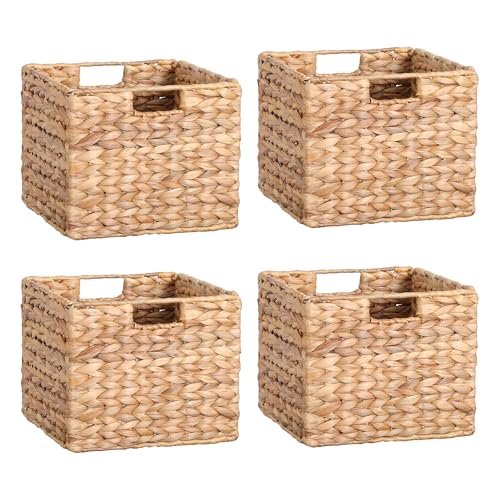 4 Pack Water Hyacinth Storage Baskets - Foldable Wicker Cubes for Pantry & Shelves