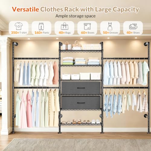 Black Wall Mounted Clothes Rack with 2 Drawers - 3-Row Expandable Closet