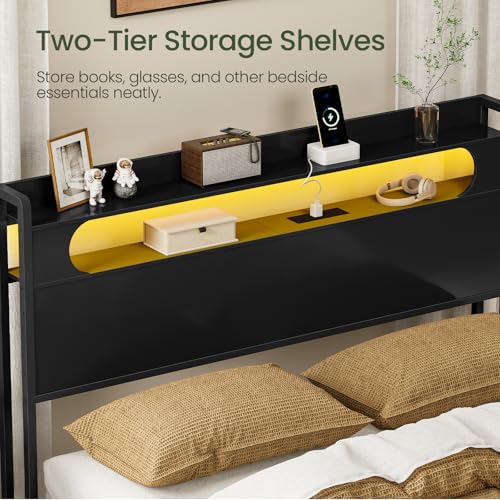 Queen Size Headboard with Storage, Charging Station & LED Light - Black