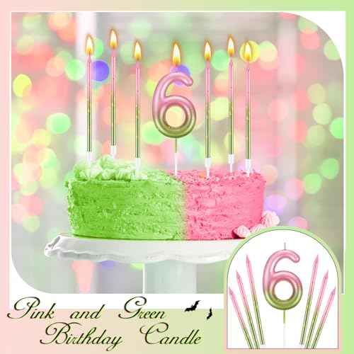 MTLEE Number 6 Pink and Green Birthday Candle with 6 Pcs Spiral Candles 5.12 Inch Pastel Cake Topper for Girls Witch Theme Party Decoration
