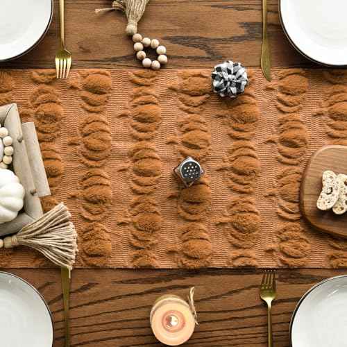 Artoid Mode Caramel Soft Plush Faux Fur Jacquard Pumpkins Fall Table Runner, Seasonal Autumn Kitchen Dining Table Decoration for Home Party Decor 13x36 Inch