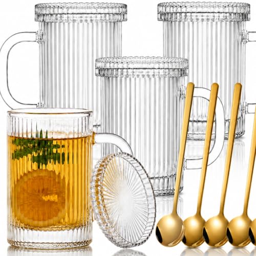 Noamus 4-Pack 13oz Glass Coffee Mugs with Lids & Spoons - Clear Drinking Set