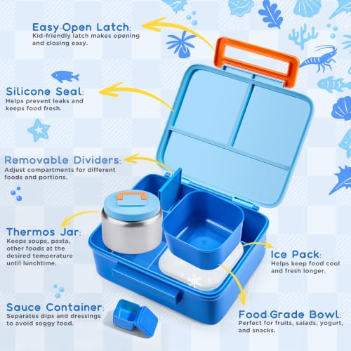 PIQUEBAR Blue Bento Lunch Box for Kids with 8oz Soup Thermos & Leak-Proof Container