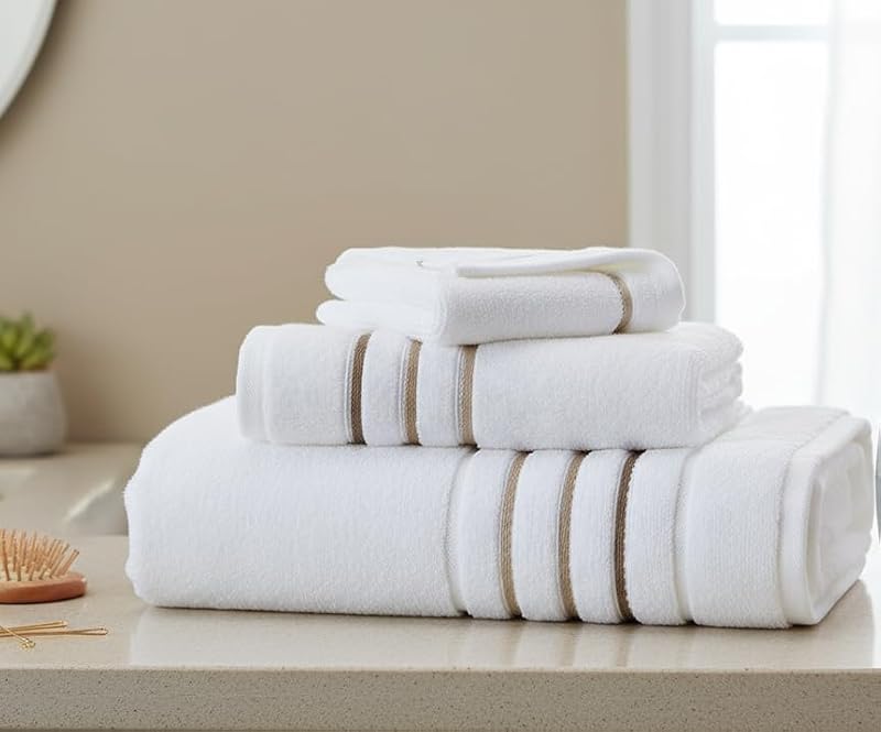 White/Taupe Luxury 6-Piece Cotton Bath Towels Set - Soft Absorbent & Quick Dry