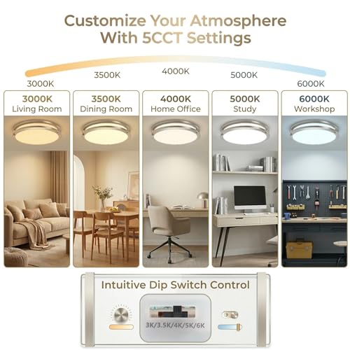 13 Inch LED Flush Mount Ceiling Light Fixture - 5CCT Brushed Nickel, Dimmable