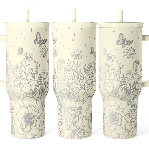 Floral 40oz Insulated Stainless Steel Travel Mug with Handle for Coffee & Drinks - Gift for Women & Girls