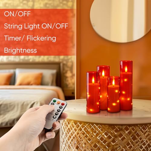 Homemory Red Flickering Flameless Candles with Remote, 5-Piece Set (2.2x5", 2.2x6", 2.2x7", 2.2x8"), 4-Timer