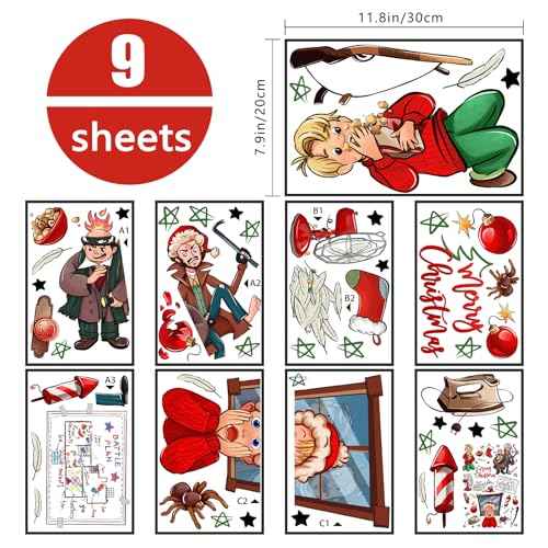Yovkky Merry Christmas Home Alone Window Clings 9 Sheets, Xmas Kevin Battle Plan Thief 2026 New Year Stickers Decals Decor, Stocking Fan Iron Winter Holiday Home Kitchen Decorations