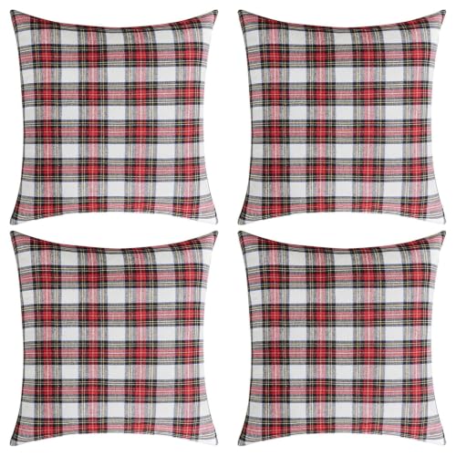 Softalker Christmas Plaid Throw Pillow Covers Set of 4, 20x20 Inches, Red White