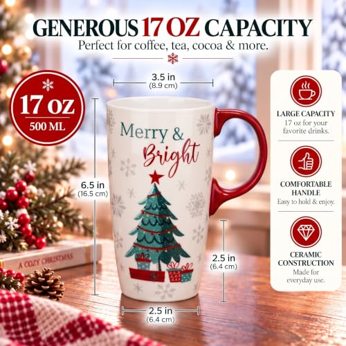 Topadorn 17oz Christmas Tree Ceramic Travel Mug with Lid - Merry & Bright
