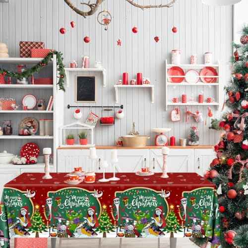 3 Pack Christmas Nightmare Tablecloths Nightmare Christmas Party Decorations Green Red Tree Xmas Nightmarer Table Cover for Xmas Winter Holiday Birthday Party Supplies