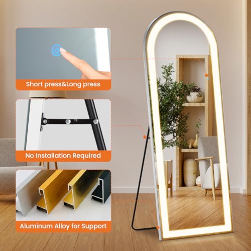 Arched LED Full Length Mirror - 71 x 26 Inches, White Stand, Dimmable Lighting