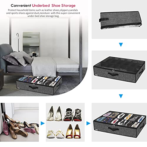 Under Bed Shoe Storage Organizer 4-Pair Linen-Like Black Space Saver