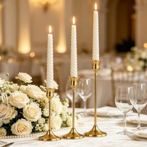 36PCS Gold Brass Taper Candle Holders Set - Vintage Metal Layered Design - Includes 3 Heights