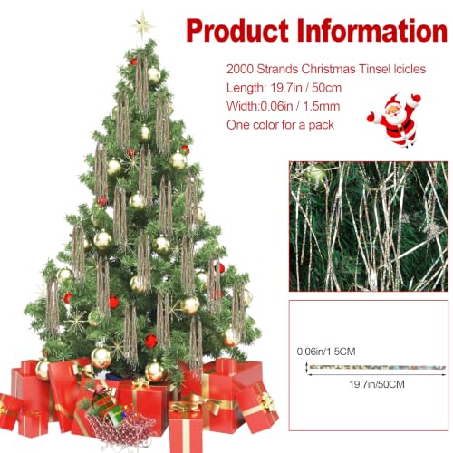 CCINEE Champagne Tinsel Icicles 2000 Strands Christmas Decorations 19.7"