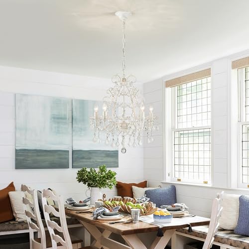 Rustic White 5-Light Crystal Candle Chandelier Pendant Ceiling Light for Bedroom Hallway Kitchen