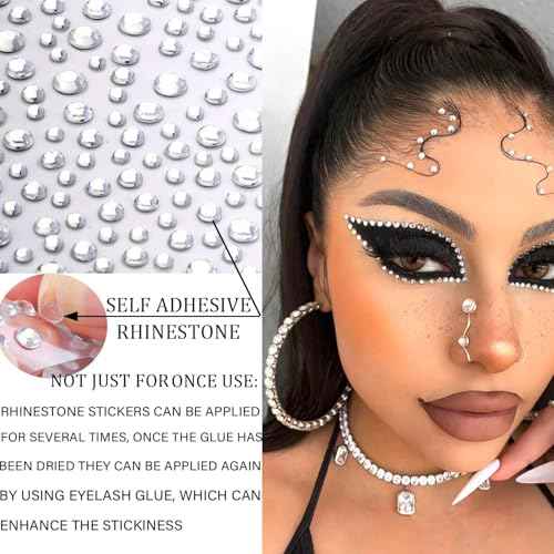 2100 Pcs Self Adhesive Rhinestones Face Gems Jewels for Makeup Pearl Eye Gems Stick On, Rainbow & Clear Flatback Rhinestones Pearl Stickers Hair Body Jewels Nail Art Christmas Craft Diy Festival Party