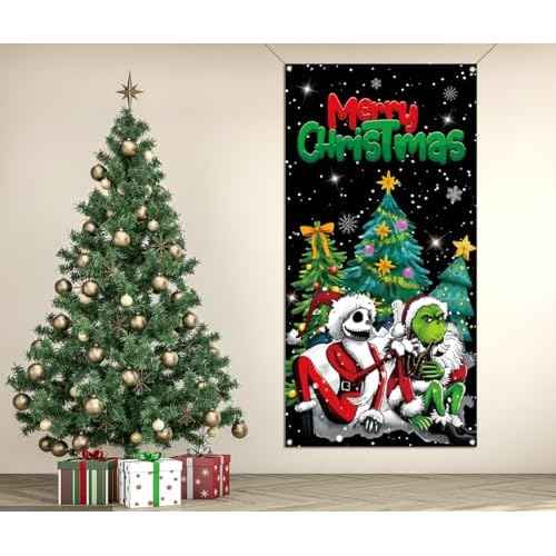 Sunwer Merry Christmas Door Cover Jack Decoration Front Porch Sign Backdrop Banner for Home Decor
