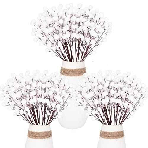24Pcs Artificial White Berry Picks Snow Sprays Christmas Frosted Holly Berry Stems Twigs Winter Branches for Xmas Tree Fillers Decor Holiday Arrangements Wreaths Garland Crafts DIY Ornaments (White)