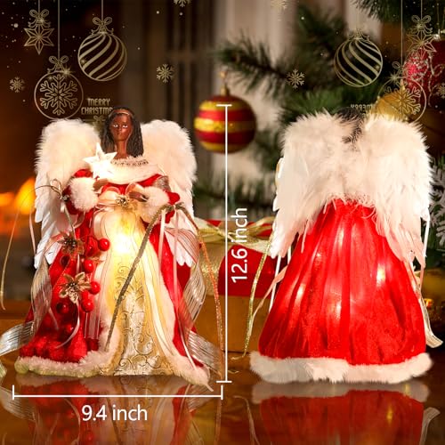 Black Angel Christmas Tree Topper with Timer Lights, 12" with Red & Gold Variant