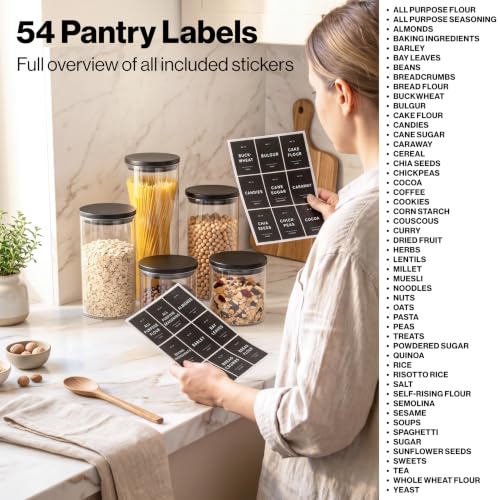 EDELHAUS 5 Pack Glass Pantry Storage Jars with Black Lids & Labels - Airtight Food Containers