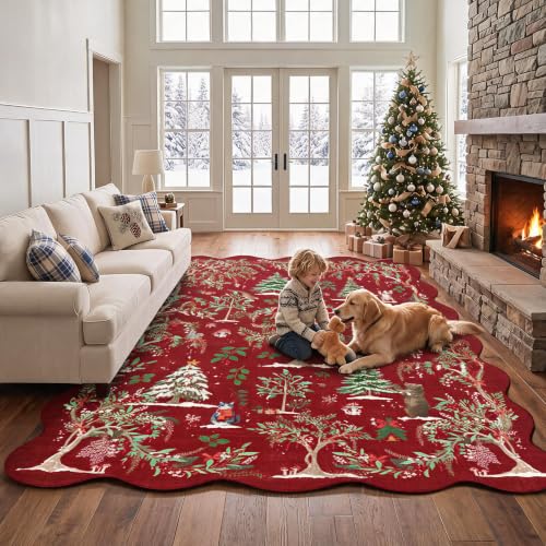 Garvee 5x7 Christmas Rug - Red, Non-Slip Backing, Machine Washable