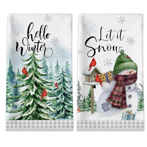 Winter Kitchen Towels, Hello Winter Towels Set of 2, Christmas Tree Snowflakes Dish Towels for Kitchen with Black White Buffalo Plaid Cardinal Let It Snow Seasonal Gifts Decor for Home, 18x28 Inches