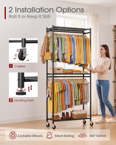 Large Black Clothes Rack with Shelves & Wheels - Multi-Functional Wardrobe Organizer