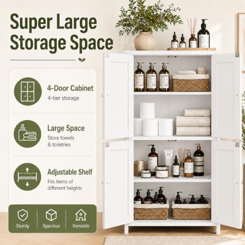 Nuturelly Bathroom Floor Storage Cabinet - Snowy White, 4-Door, Anti-Tip