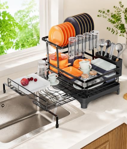 Expandable Over Sink Dish Drying Rack with Drainboard - Rust-Resistant Steel