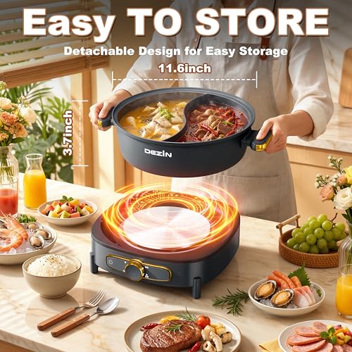 Dezin 6L Electric Hot Pot with Divider - Gray, Adjustable Power, Non-Stick