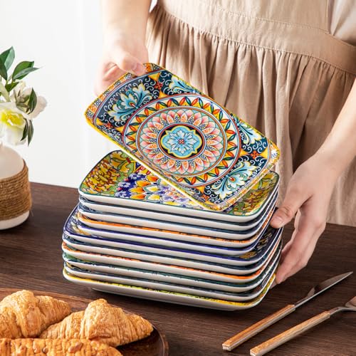Vancasso Simi 9.5 x 5.6 Inch Rectangular Serving Plates Set of 6 - Bohemian Floral Design