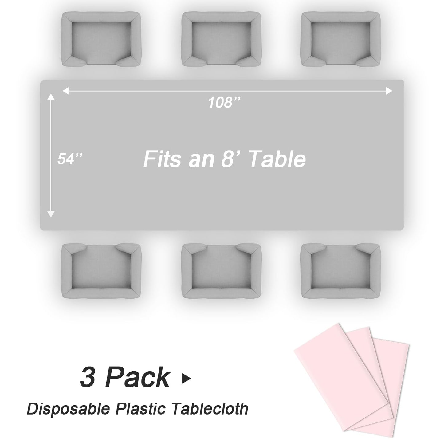 QIKSION Pink Plastic Table Cloth Disposable 3 Pack, 54 x 108 Inch Tablecloths for Valentines, Easter, Mothers Day Decorations, Baby Shower Birthday Party, Rectangle Table Cover