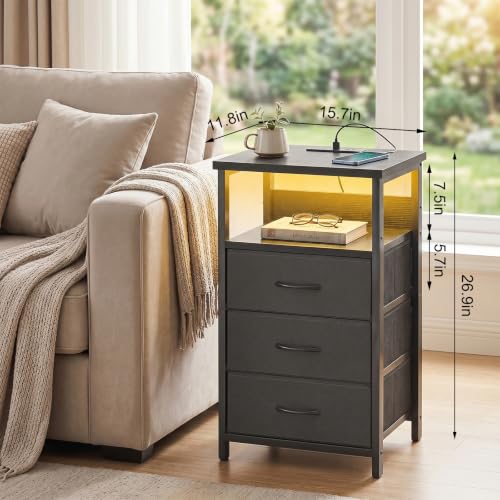 Fixwal Night Stand with 3 Drawers & Charging Station - Black, RGB LED Light, Size: 15.7"D x 11.8"W x 26.9"H