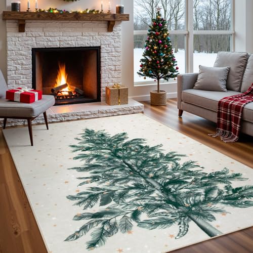 Lahome Beige Christmas Rug 5x7, Tree and Snowflake Print