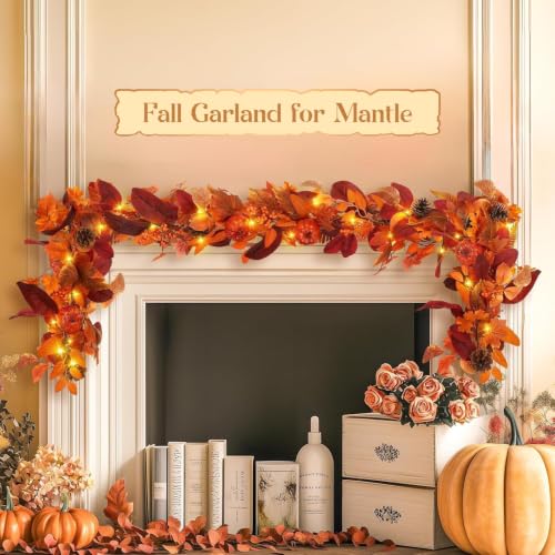 Shareconn 9ft Fall Garland with Lights & Timer - Orange Autumn Decor