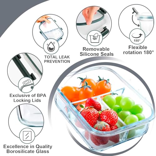 VERONES 5 Pack 36oz Grey Glass Food Storage Containers with 3 Compartments