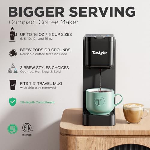 Tastyle Classic Black Single Serve Coffee Maker with 16 Oz Brew & Ice Function