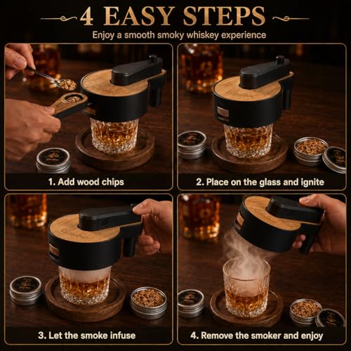 Whiskey Smoker Kit with Built-in Lighter & 6 Wood Flavors — Includes Glasses & Ice Molds
