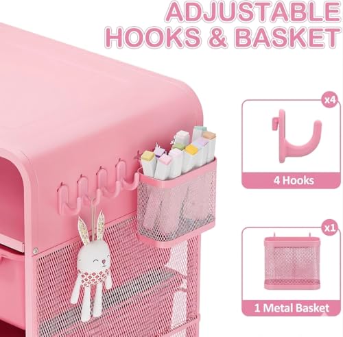 Pink Nightstand with Storage Drawers & Hanging Basket for Kids Rooms