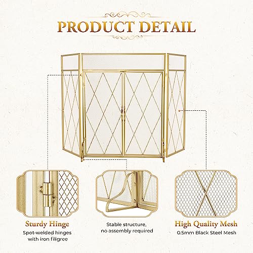 POWLAB Gold 3-Panel Fireplace Screen with Double Doors - 50" x 32"