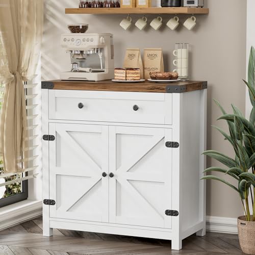 YESHOMY Farmhouse Kitchen Storage Cabinet with Adjustable Dividers - White & Brown, 1 Piece