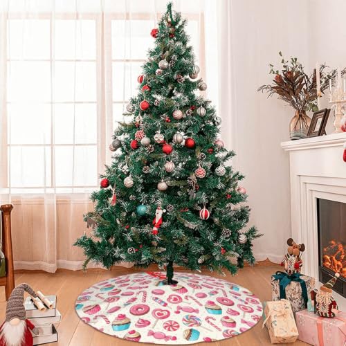 Yilad Christmas Tree Skirt 36/48in Lollipop Cupcake Donut Pattern Premium Polyester