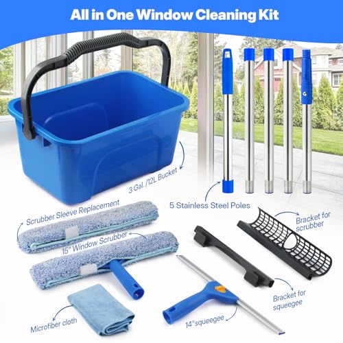 Professional Window Cleaning Kit with Squeegee, Scrubber, Bucket & Poles