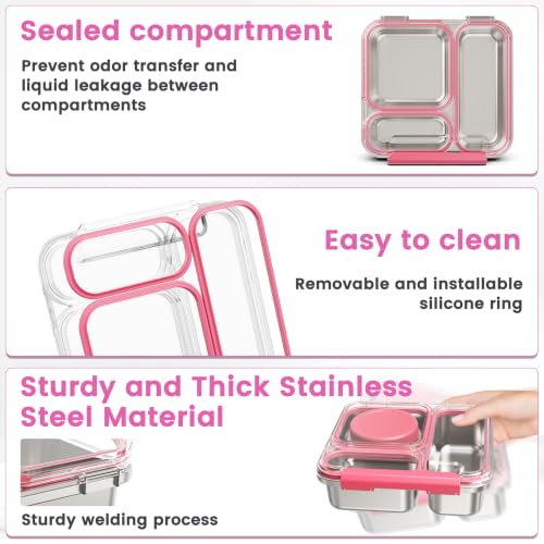 Kids Pink Stainless Steel Bento Box Set with 7oz Soup Thermo & 3 Compartments