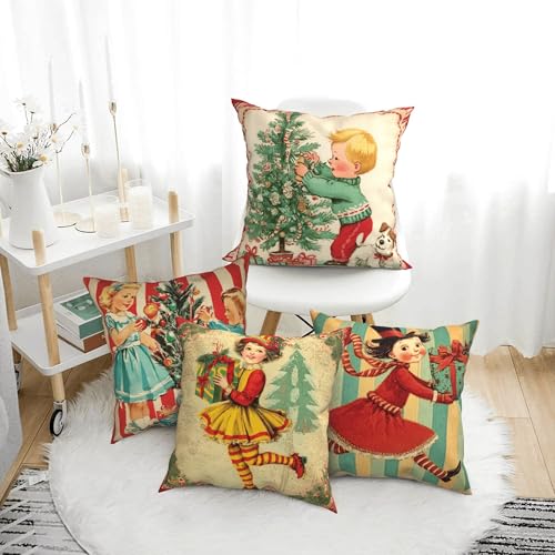 Retro Christmas Throw Pillow Covers Set of 4 - Winter Decorative Linen Cushions 18x18