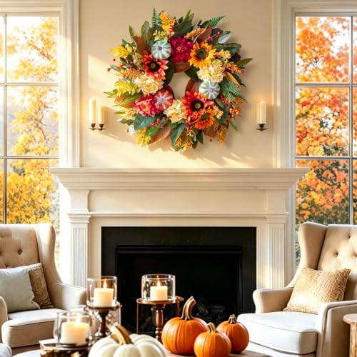 Autumn Magnolia Wreath with Peony & Sunflower - Fall Front Door Decor, 24 Inch - Cream Variation