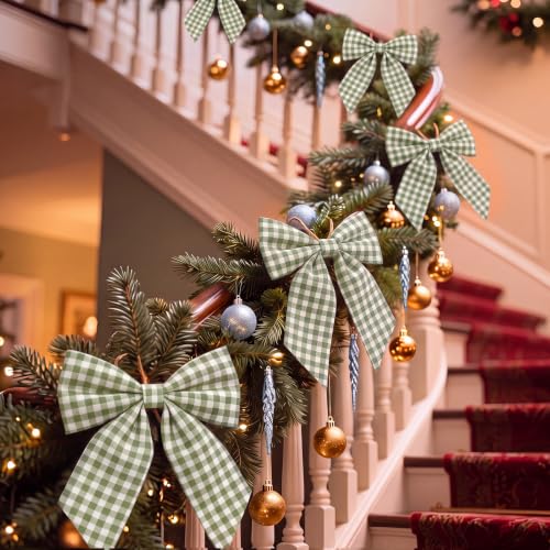 Olive Green & White Gingham Ribbon Bow 4.5" (12 Pcs) with Elastic Tie - Wavyknot