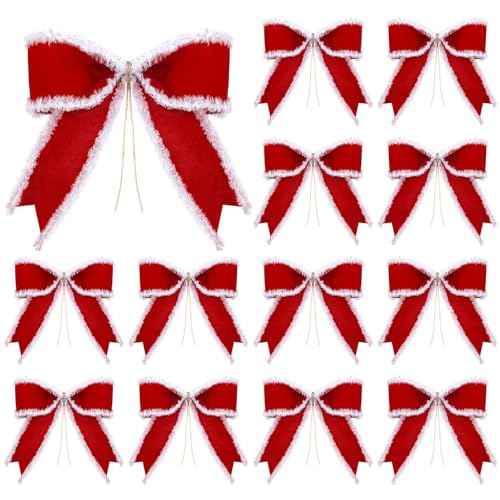 WILLBOND 12 Pcs Red Christmas Bows with White Fluffy Edges 4 x 4 Inch Tree Topper Ornaments Christmas Gifts Wrapping Bows for Xmas Wreath Door Rustic Farmhouse Decoration